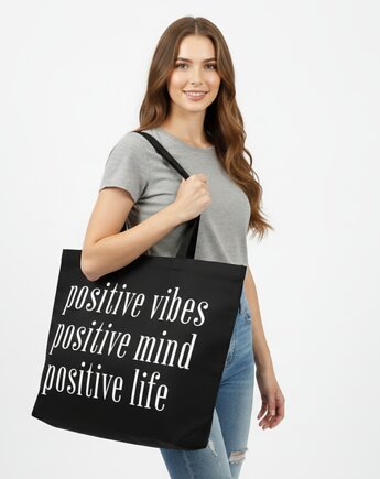 Bardzo duża bawełniana torba na zakupy z afirmacją POSITIVE VIBES MIND LIFE