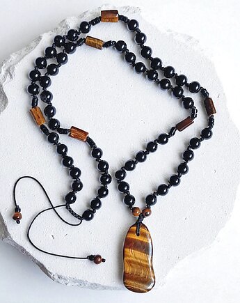 UNIKAT: tygrysie oko, onyks : supełkowany naszyjnik męski, kaktusia