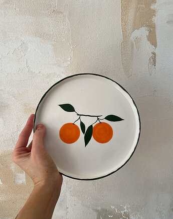 Talerz porcelanowy z pomarańczami z zielonym rantem / 21 cm