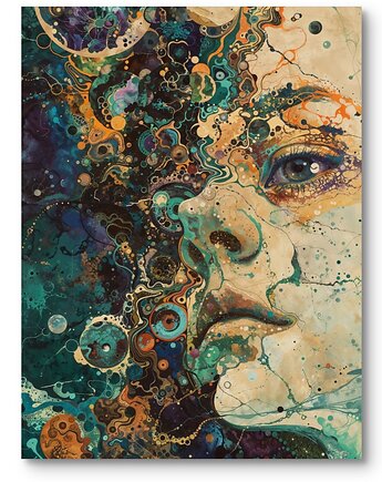Obraz portret kobiecej twarzy do salonu abstrakcja surrealizm zielono-pomarań