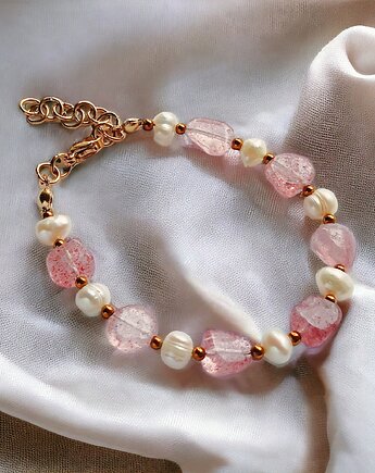 Kwarc truskawkowy & PERŁY - bransoletka, kaktusia