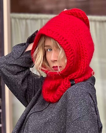 100% MERINO Czerwona kominiarka kapturek
