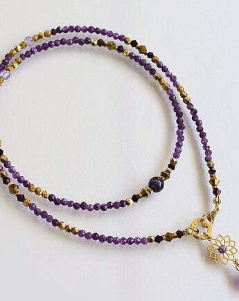 Filigranowy naszyjnik z ametystem, czaroitem, hematytem i mandalą korony, KEIT