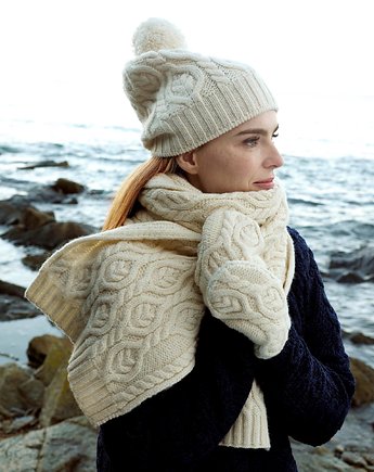 Zestaw CZAPKA + SZALIK + RĘKAWICZKI -  100% wełna Merino - Kremowy