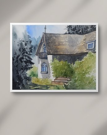 WYPRZEDAŻ SZTUKI! Akwarela Dom w zieleni oryginalny obraz 300g A3 30x42 cm