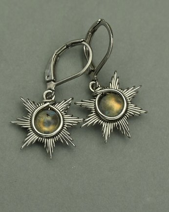 Małe błękitne kolczyki słoneczka złoty labradoryt wire wrapping