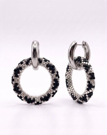 Czarno srebrne kolczyki koła z koralików Miyuki - snake pattern