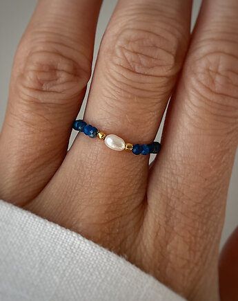 Pierścionek elastyczny lapis lazuli perła naturalna