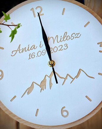 Zegar z drewna, imiona góry na prezent personalizowany, Drewniane dodatki