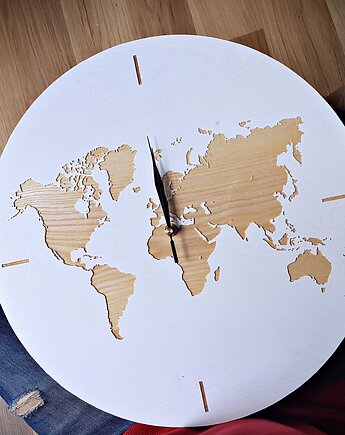 Zegar z litego drewna z mapą świata, WORLD, Drewniane dodatki