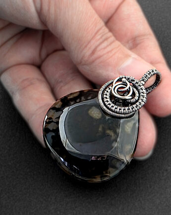 Sia - wisiorek z agatem mszystym i oksydowanym srebrem, wire wrapping