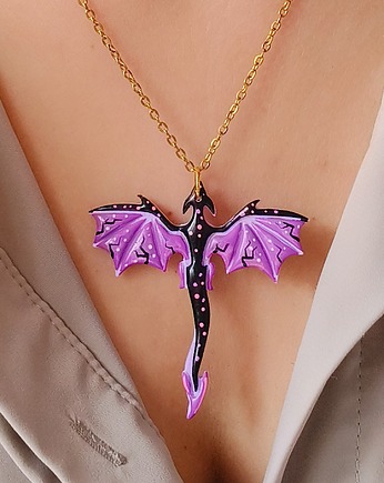 Naszyjnik z fioletowym smokiem, biżuteria fantasy, prezent dla niej