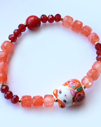 Unikat! maneki neko - jadeit, koral, rubin