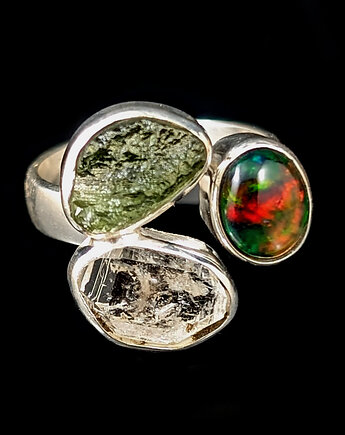 Pierścionek mineralna energia- mołdawit herkimer opal