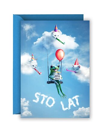 Kartka urodzinowa z żabą i kotami "Sto Lat"