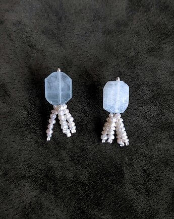 Kolczyki z akwamarynem i perłami naturalnymi, srebro, biżuteria handmade