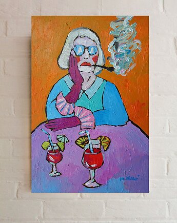 Obraz olejny do salonu diva babcia z drinkiem