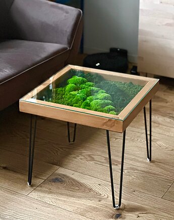 Stolik z Mchem i Świetlikami LED 50x50 cm Szkło Hartowane