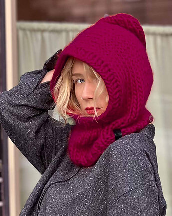 100% MERINO bordowa balaclava kapturek