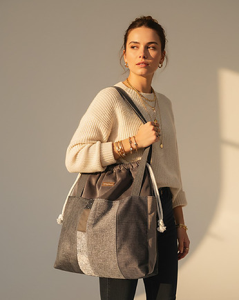 Duża szara torba z kominem z weluru patchwork