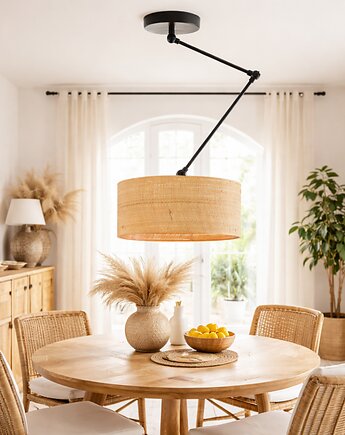 Lampa sufitowa na wysięgniku regulowanym nad stół NEWA BOHO kloszem z rattanu