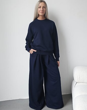 Sarai wygodny komplet bluza i szerokie spodnie z zakładkami Navy