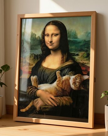 PLAKAT Mona Lisa z kotem portret , zabawny prezent dla kociary