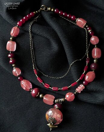 Kwarc różowy, wiśniowy i turmalin. Naszyjnik unikatowy handmade PREZENT lux