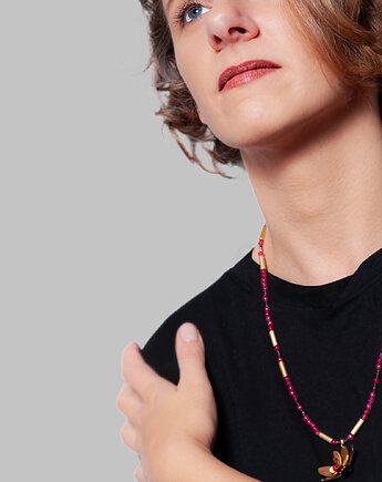 Malinowy naszyjnik z jadeitem, granatem i kwiatkiem z mosiądzu. [ŁN6], Anillito