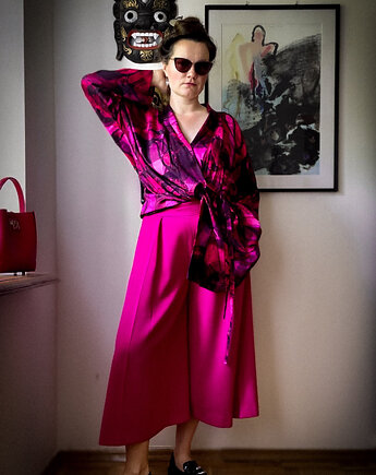 Jedwabiste KIMONO/SUKIENKA kopertowa autorski print AURORA 100% WISKOZA PREMIUM