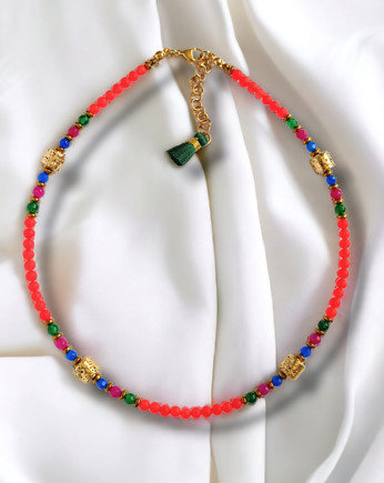 Choker wakacyjny : jadeit & złota lawa : multicolor, kaktusia