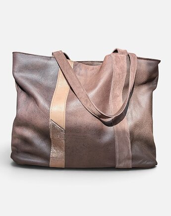 Shoper bag brązowa torba z beżem i zlotem