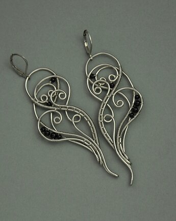 Długie, oryginalne kolczyki czarny agat wire wrapping