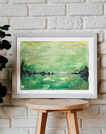 Akwarela Abstrakcja Zielony Pejzaż Leśny Fioletowy Akcent 30x40 LP-Arts