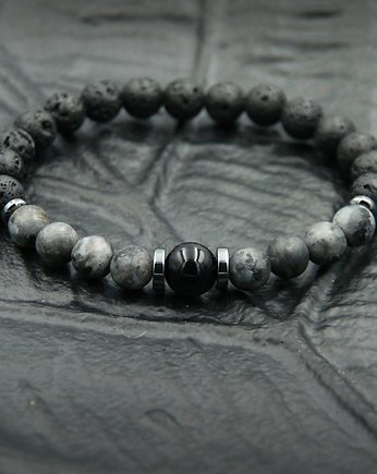 Labradoryt, onyks, lawa : męska bransoletka, kaktusia