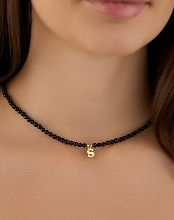 Choker onyks z literką srebro 925 pozłacane