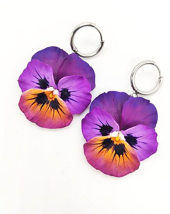 Kolczyki bratki fioletowe wiszące handmade, kwiaty z gliny polimerowej