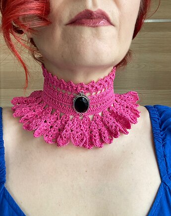 Barbie pink fuksjowy naszyjnik retro vintage kolia koronkowa