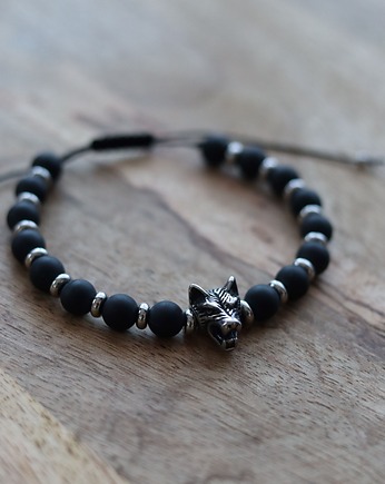 Bransoletka męska z czarnego turmalinu z wilkiem, Księżycowa bijoux