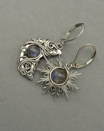 Asymetryczne kolczyki księżyc i słońce labradoryt wire wrapping