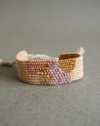 Szeroka bransoletka tkana w odcieniach beżu i złota, Słońcem Tkane