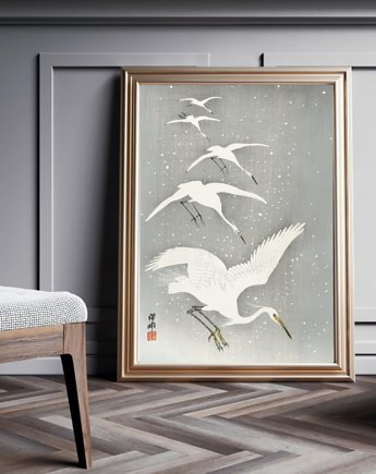 PLAKAT japoński, żurawie w locie, ptaki ilustracja szara
