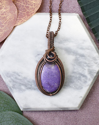 Miedziany wisiorek wire wrapping z purpurytem i ametystem #449