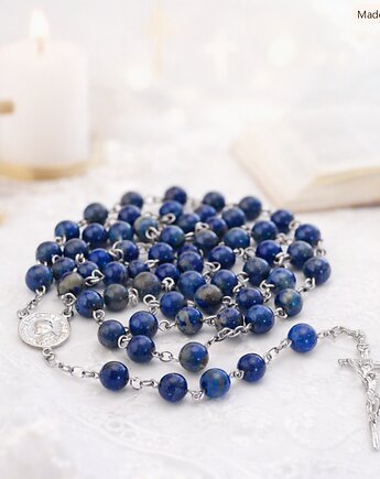 Różaniec komunijny dla chłopca, LAPIS LAZULI 6mm, srebro 925, RĘKODZIEŁO