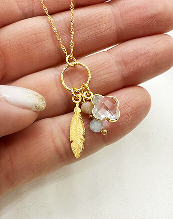 Naszyjnik z kamieniami, kryształ górski i turmalin, koniczynka, Anemon Atelier