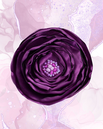 Broszka satynowy kwiat z koralikami - purpurowy fioletowy