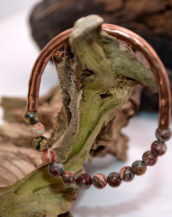 Bransoletka miedziana handmade z koralikami: jaspis leopardzi