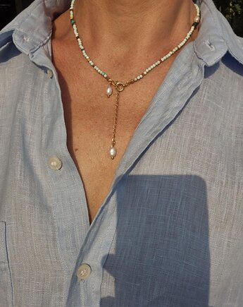 Miętowy naszyjnik z turkusów i naturalnych pereł, z zawieszkami, Dziewczyna i Perły