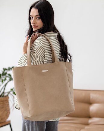 Shopper BASIC z nubuku tapicerskiego w kolorze beżowym