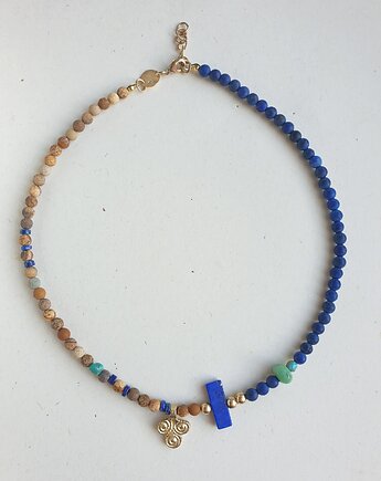 Naszyjnik choker ANTYK TEBY lapis lazuli, jaspis obrazkowy, turkus mosiądz
